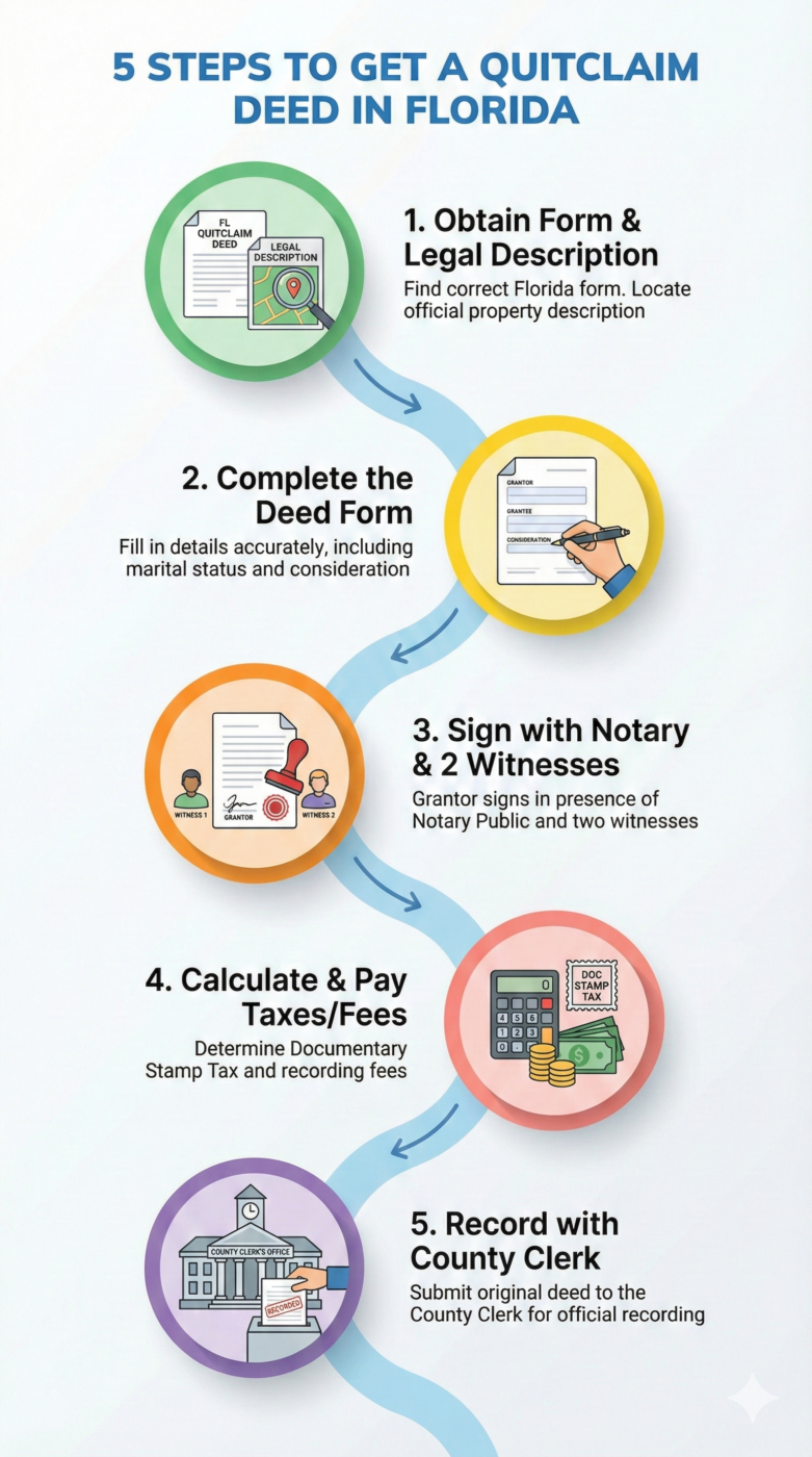 Infographic illustrating the 5-step process to get a quitclaim deed in Florida: 1. Obtain Form & Legal Description, 2. Complete the Deed, 3. Sign with Notary & Witnesses, 4. Calculate & Pay Taxes, 5. Record with County Clerk.