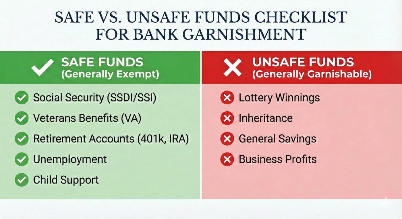 Checklist chart titled 'Safe vs. Unsafe Funds for Bank Garnishment.' The Safe Funds column lists Social Security, VA Benefits, Retirement Accounts, Unemployment, and Child Support. The Unsafe Funds column lists Post-Deposit Wages, Lottery Winnings, Inheritance, General Savings, and Business Profits.