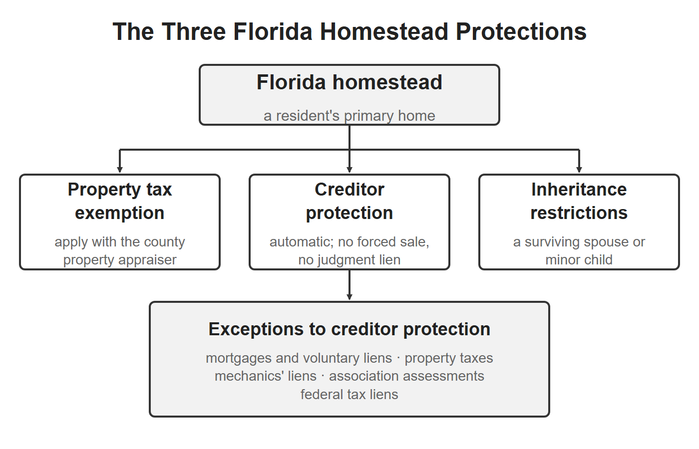 Florida homestead law diagram: the three protections — the property tax exemption, creditor protection, and inheritance restrictions — with the exceptions to creditor protection